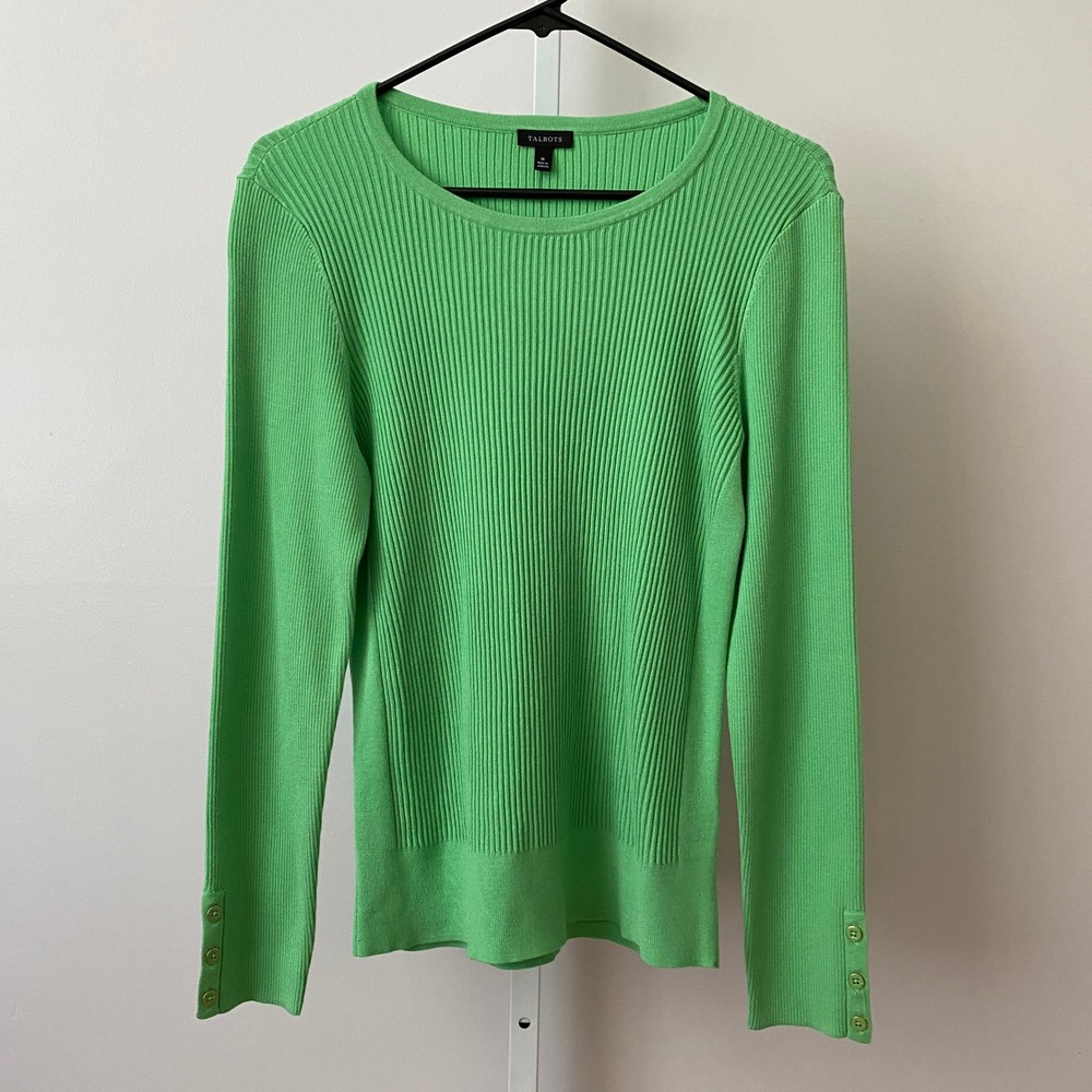 Talbots Size M Green Sweater Ribbed‎ Knit Button Cuff Long Sleeve Top Pullover